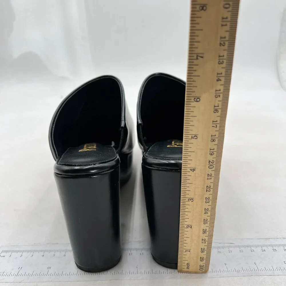 Pazzion Black Thick Platform Round Toe Clog Mule Slip On Block High Heel Slipper